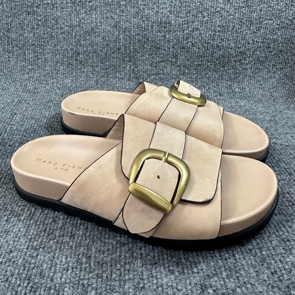 Marc Fisher Women's Hattie Sandal Chucky Big Western Buckle Wide Strap Slide 8.5